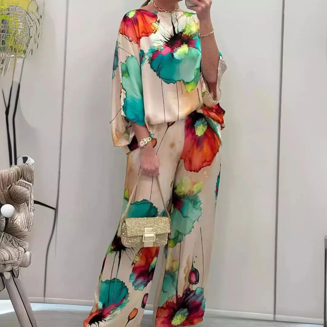 Women’s Satin Two-Piece Set – Summer Printed Round Neck Top & Wide-Leg Pants | Elegant Casual Fashion Outfit 2025