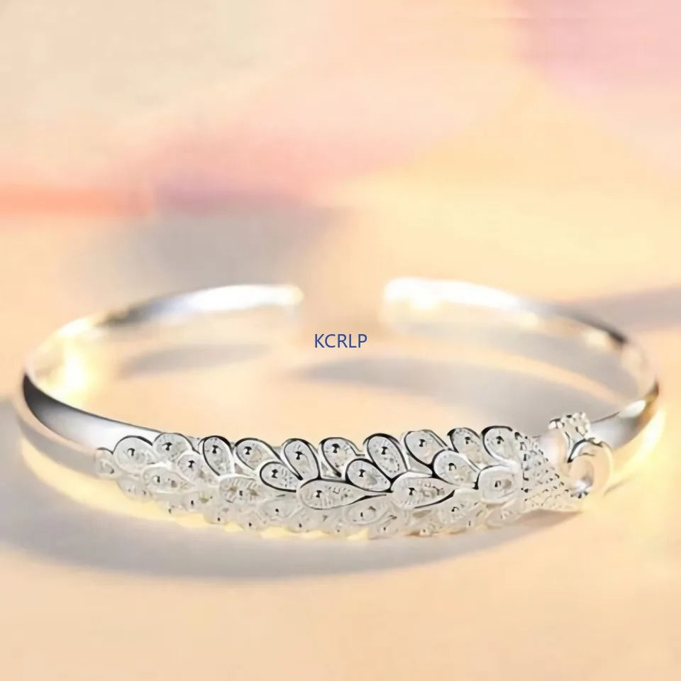 KCRLP 925 Sterling Silver Peacock Bracelet – Elegant Opening Screen Bangle for Women, Wedding & Party Jewelry Gift
