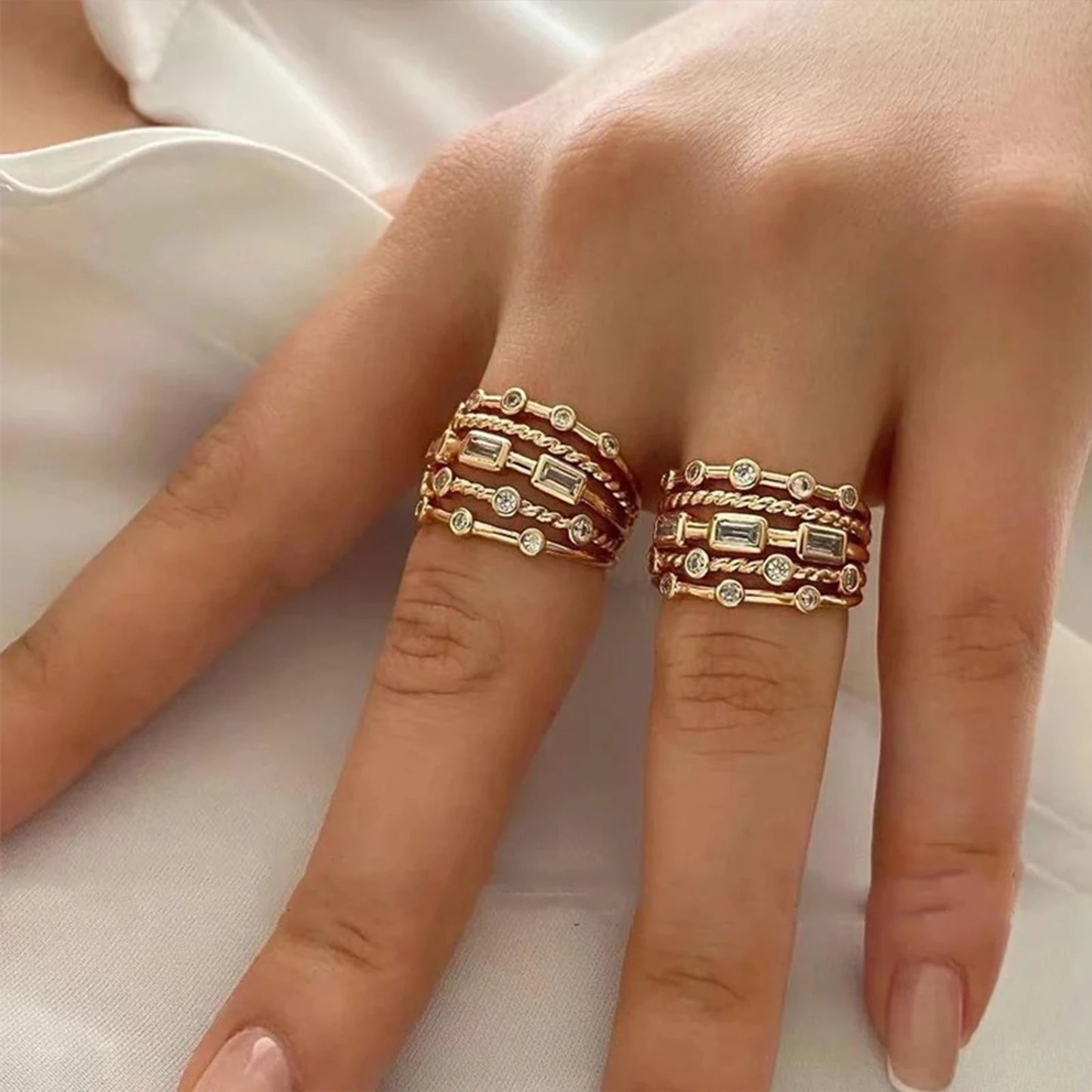 New 18K Gold Plated Sun Ring – Natural Stone Inlaid Hollow Metal Texture Jewelry for Women