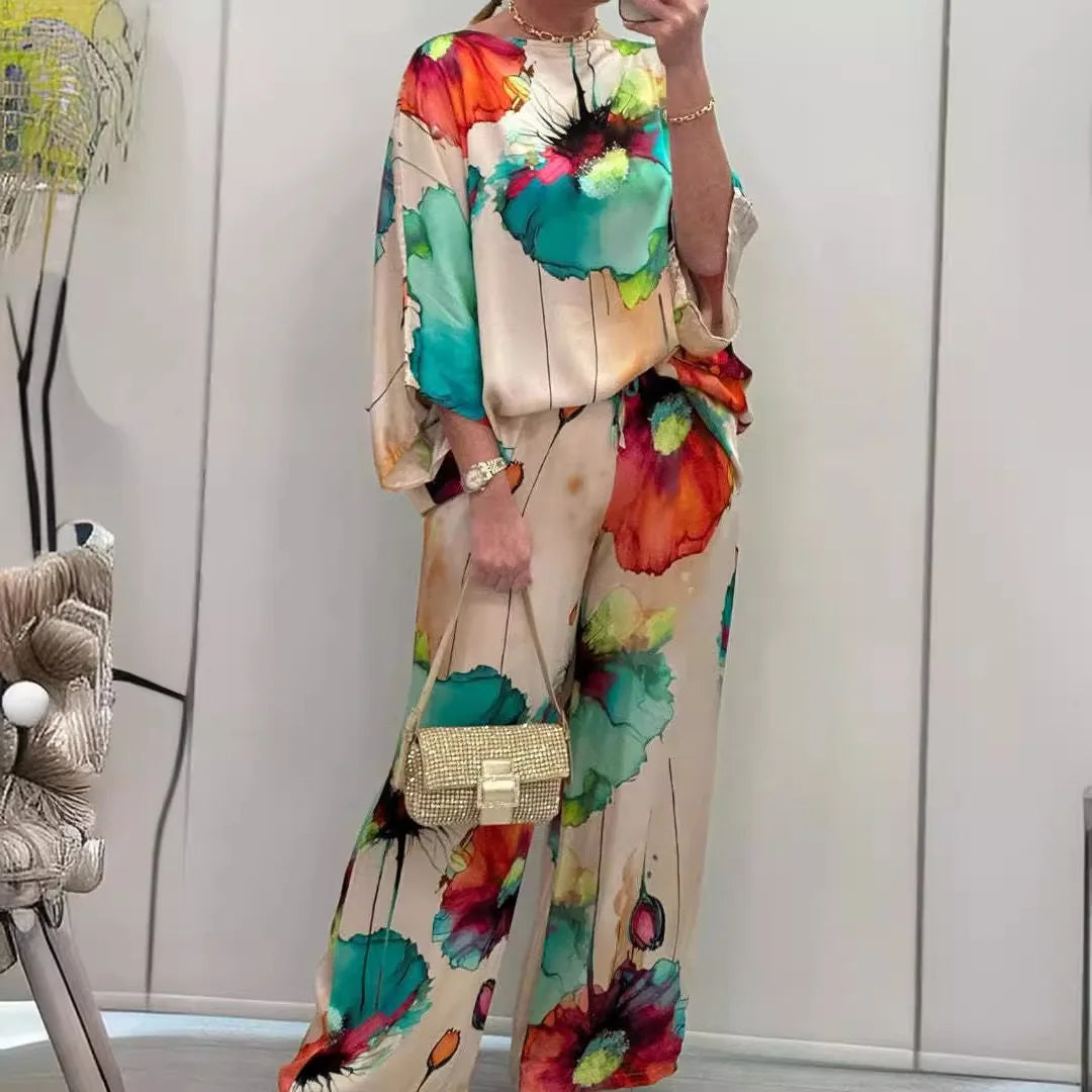 Women’s Satin Two-Piece Set – Summer Printed Round Neck Top & Wide-Leg Pants | Elegant Casual Fashion Outfit 2025