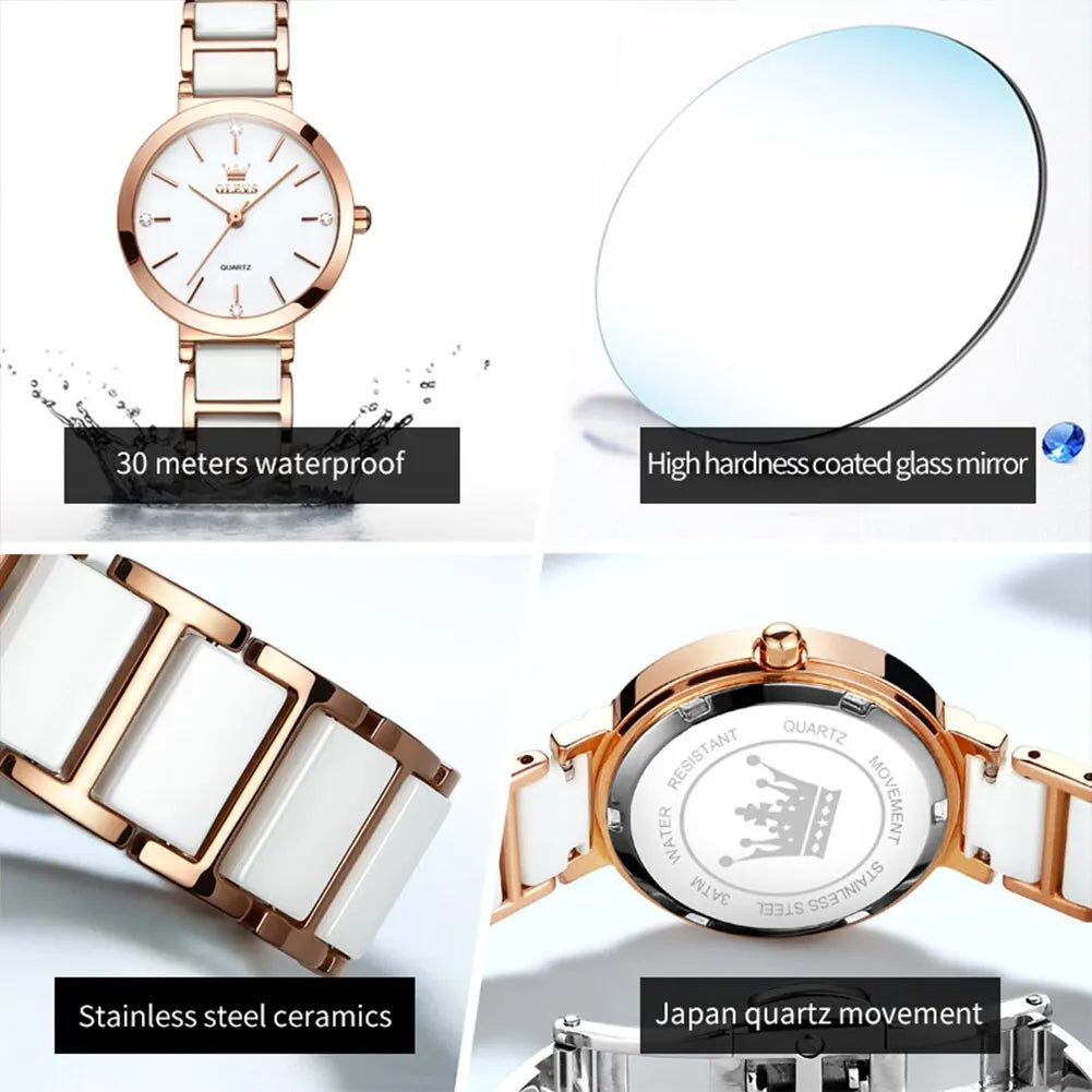 OLEVS Luxury Women’s Rose Gold Quartz Watch – Fashion Ceramic Strap Elegant Wristwatch