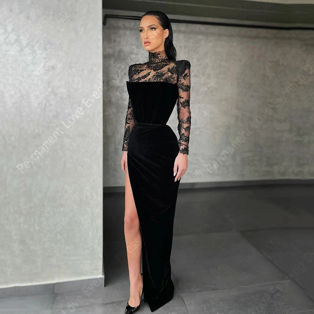 Elegant Black Evening Dress – High Collar Lace Long Sleeve Formal Gown for Women
