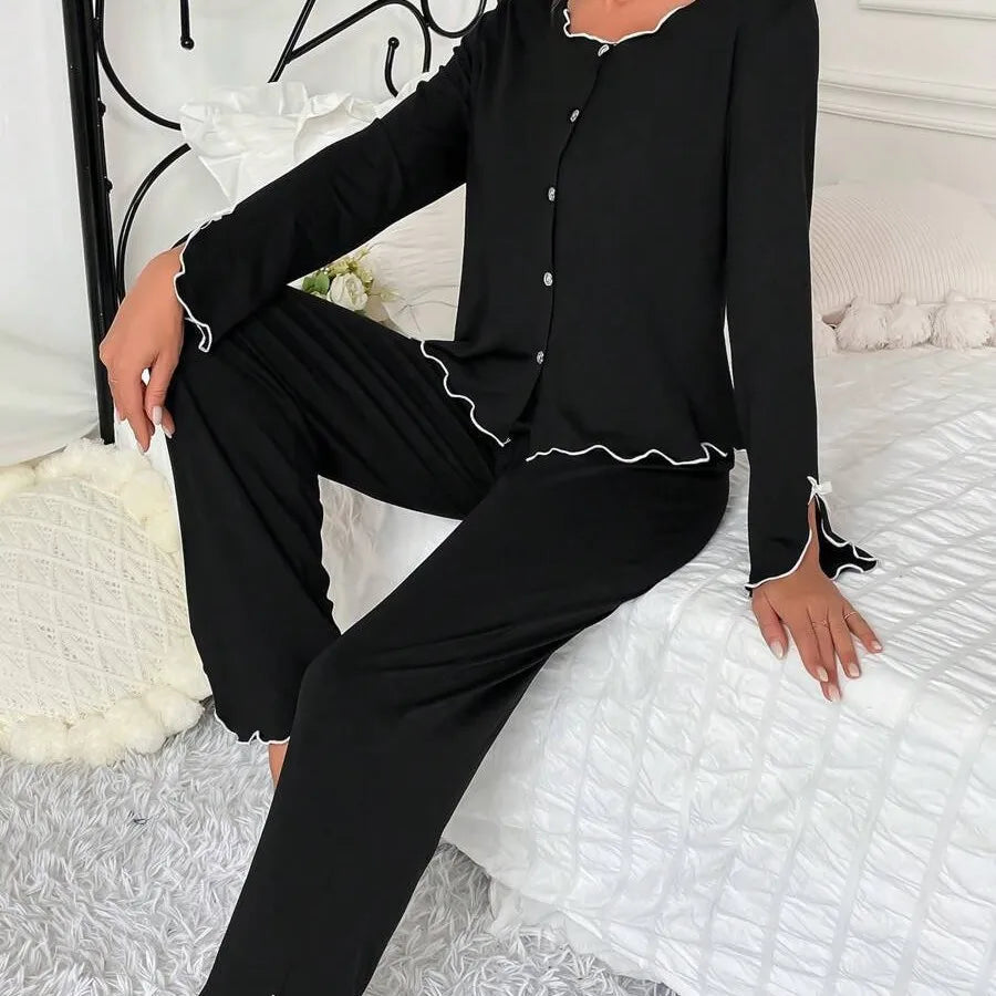 New 2025 Women Spring Summer Pajamas Set – Long Sleeve Solid T-shirt with Pants, Loose Casual Loungewear