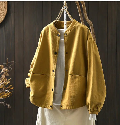 Women’s Casual Cotton Coat – 2025 Autumn Solid Color Loose Short Jacket with Double Pockets | Simple Everyday Style (T647)