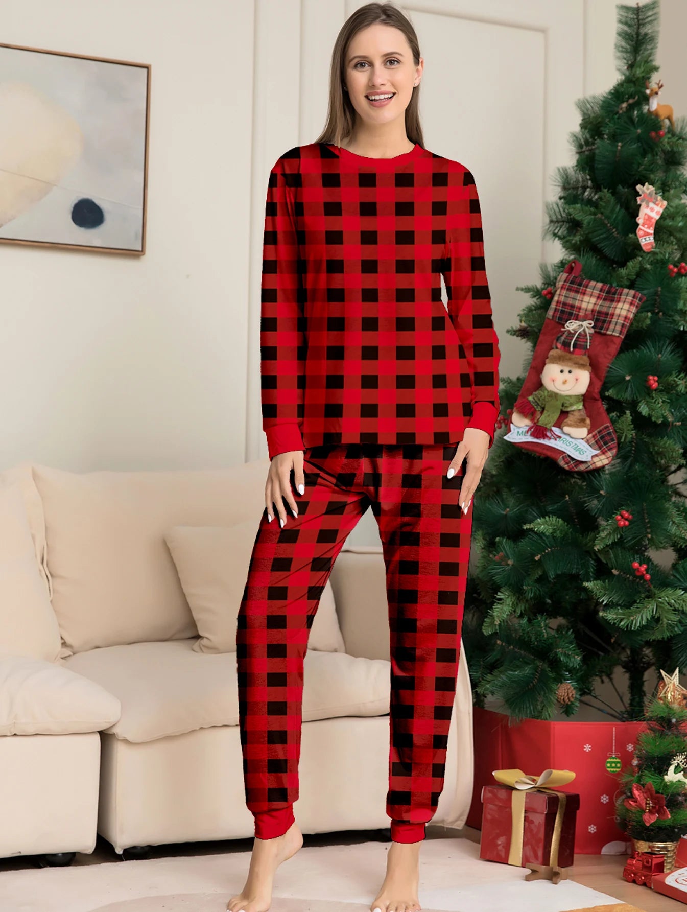 Couple Matching Christmas Pajamas Set – Long Sleeve Red & Black Buffalo Plaid Sleepwear
