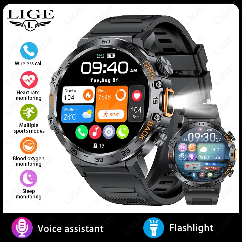 LIGE 2025 Smart Watch for Men – 360×360 AMOLED HD Display Waterproof Fitness Smartwatch with Flashlight (Android & iOS Compatible)