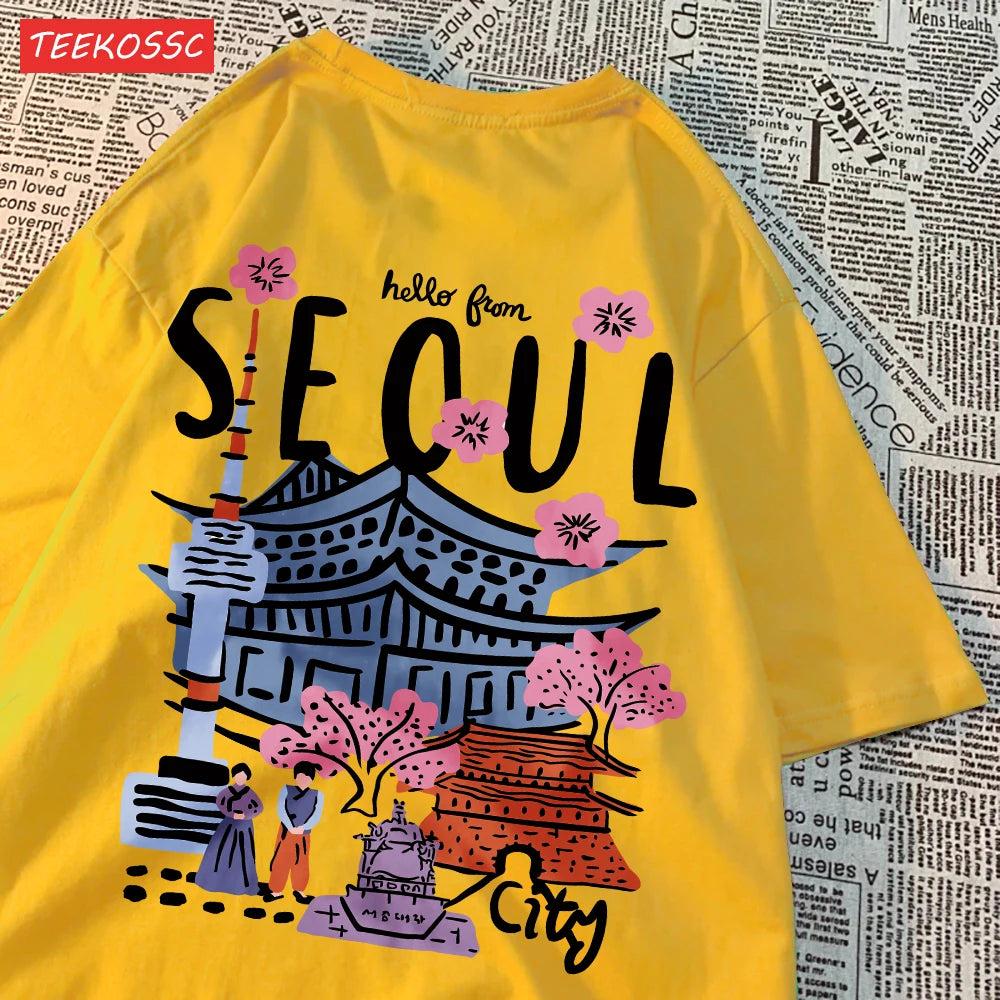 Women’s Casual Cotton T-Shirt – Seoul Scenery Printed Short Sleeve Oversize Tee | Breathable Summer TopWomen’s Clothing / Tops / T-Shirts
