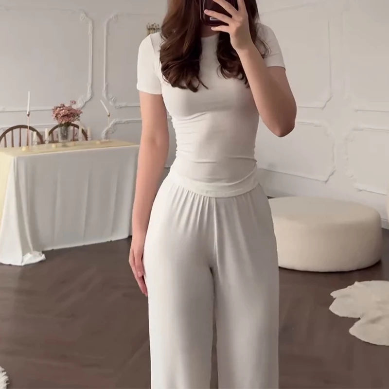 Women’s Casual 2-Piece Set – O-Neck Short Sleeve Top & Elastic Waist Trousers | Spring Summer Loungewear Outfit 2025