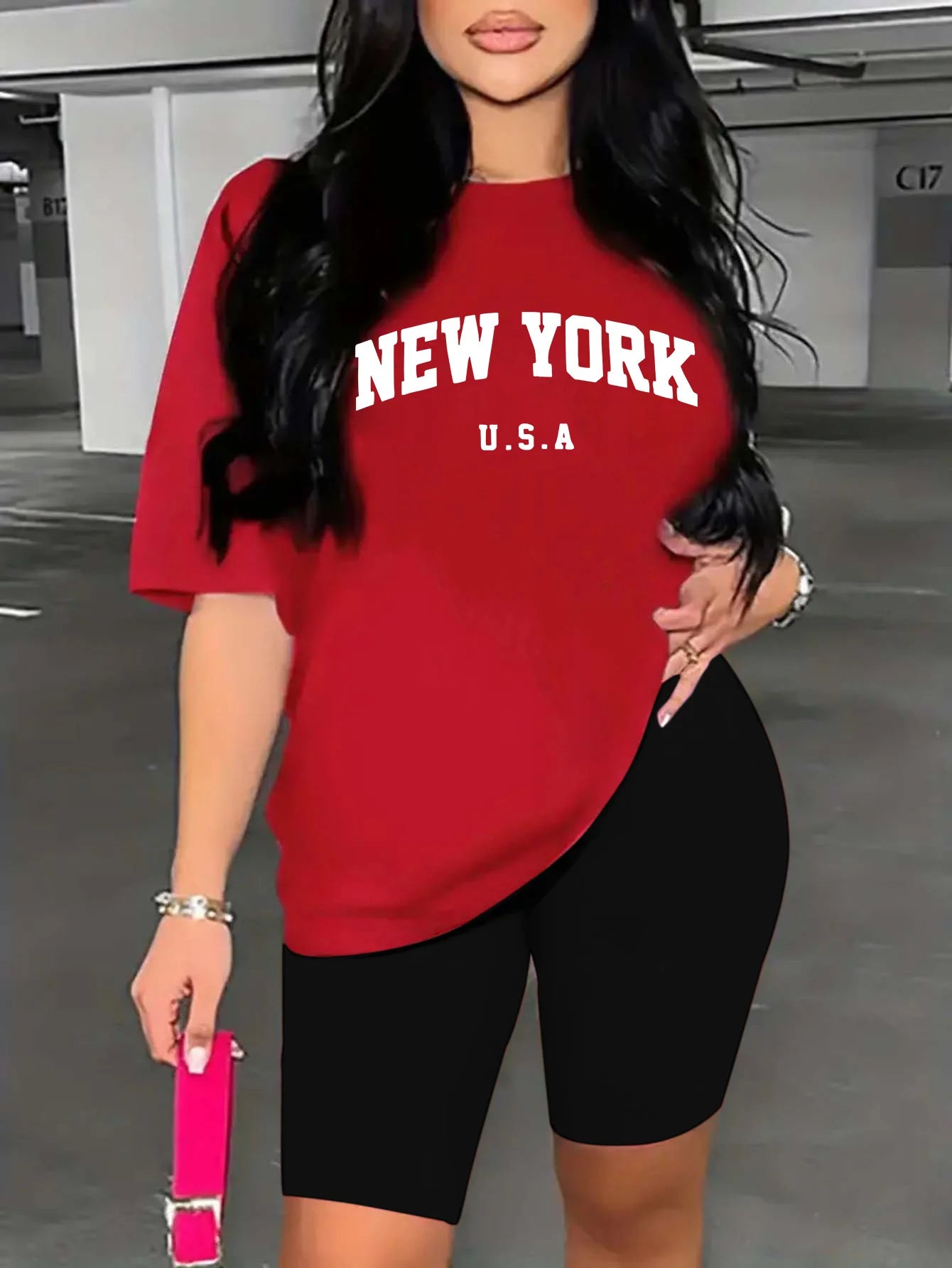 Women’s 2-Piece Sportswear Set – “New York” Letter Print T-Shirt & Athletic Shorts | Casual Activewear Outfit