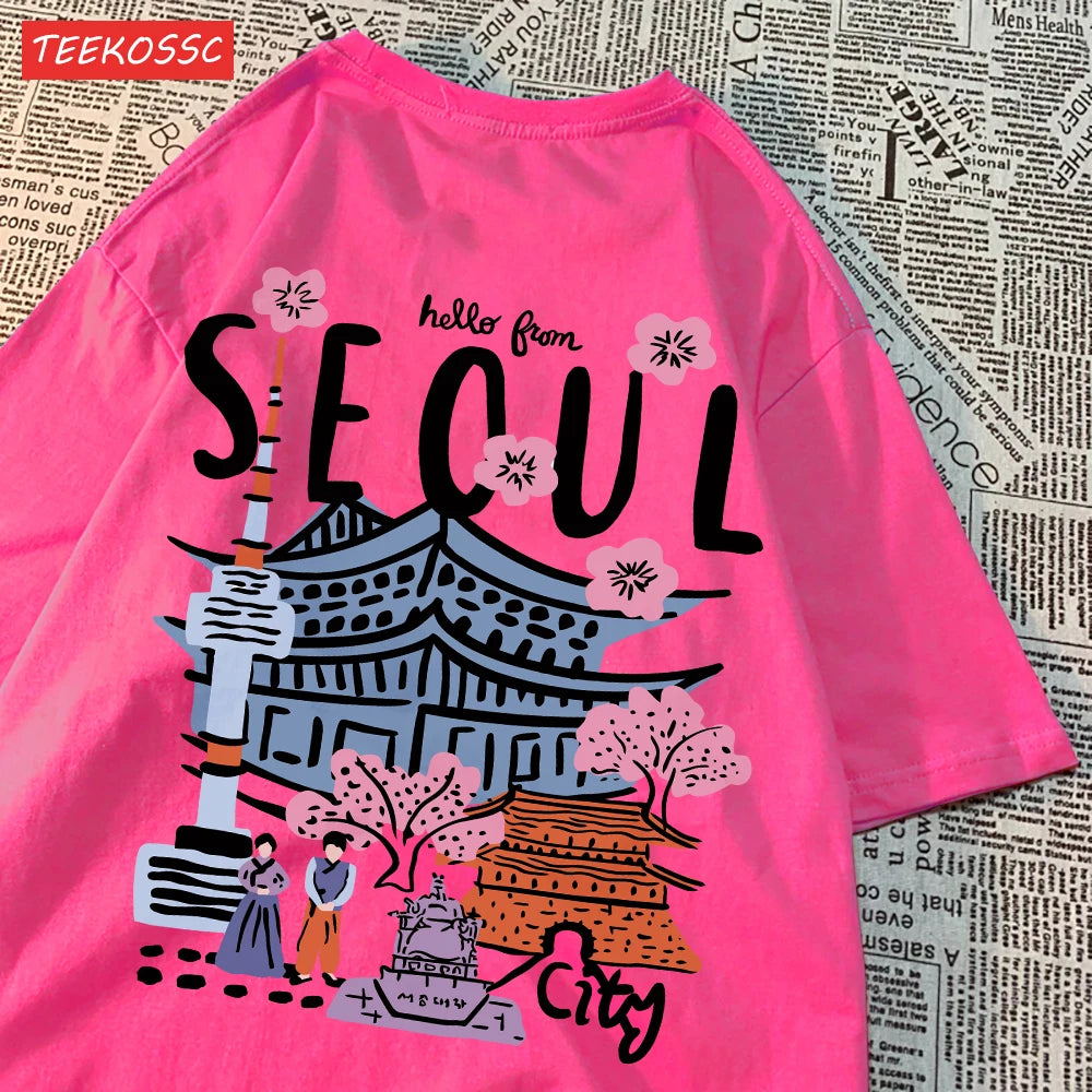 Women’s Casual Cotton T-Shirt – Seoul Scenery Printed Short Sleeve Oversize Tee | Breathable Summer TopWomen’s Clothing / Tops / T-Shirts