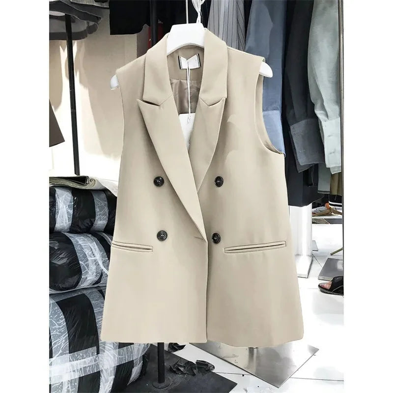Women’s Sleeveless Black Blazer Vest – Peak Lapel Oversize Suit Coat | 2025 Elegant Korean OL Style Fashion Blazer