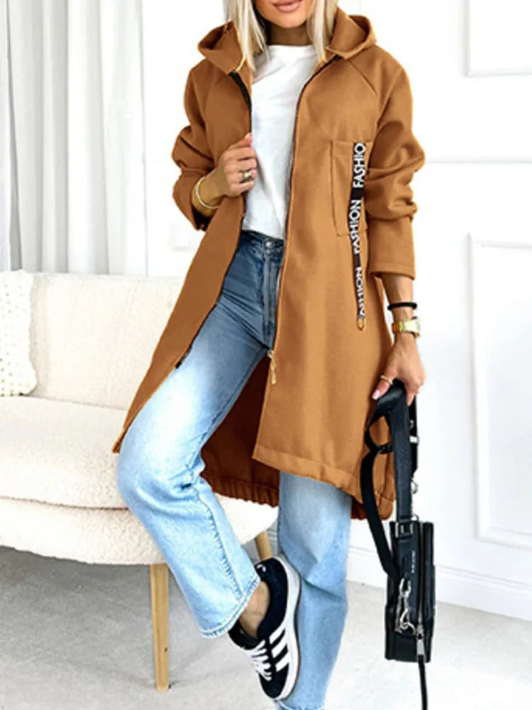 Women’s Casual Letter Printed Long Hoodie Jacket – Zipper Overcoat for Autumn & Winter | Sporty Streetwear Outerwear