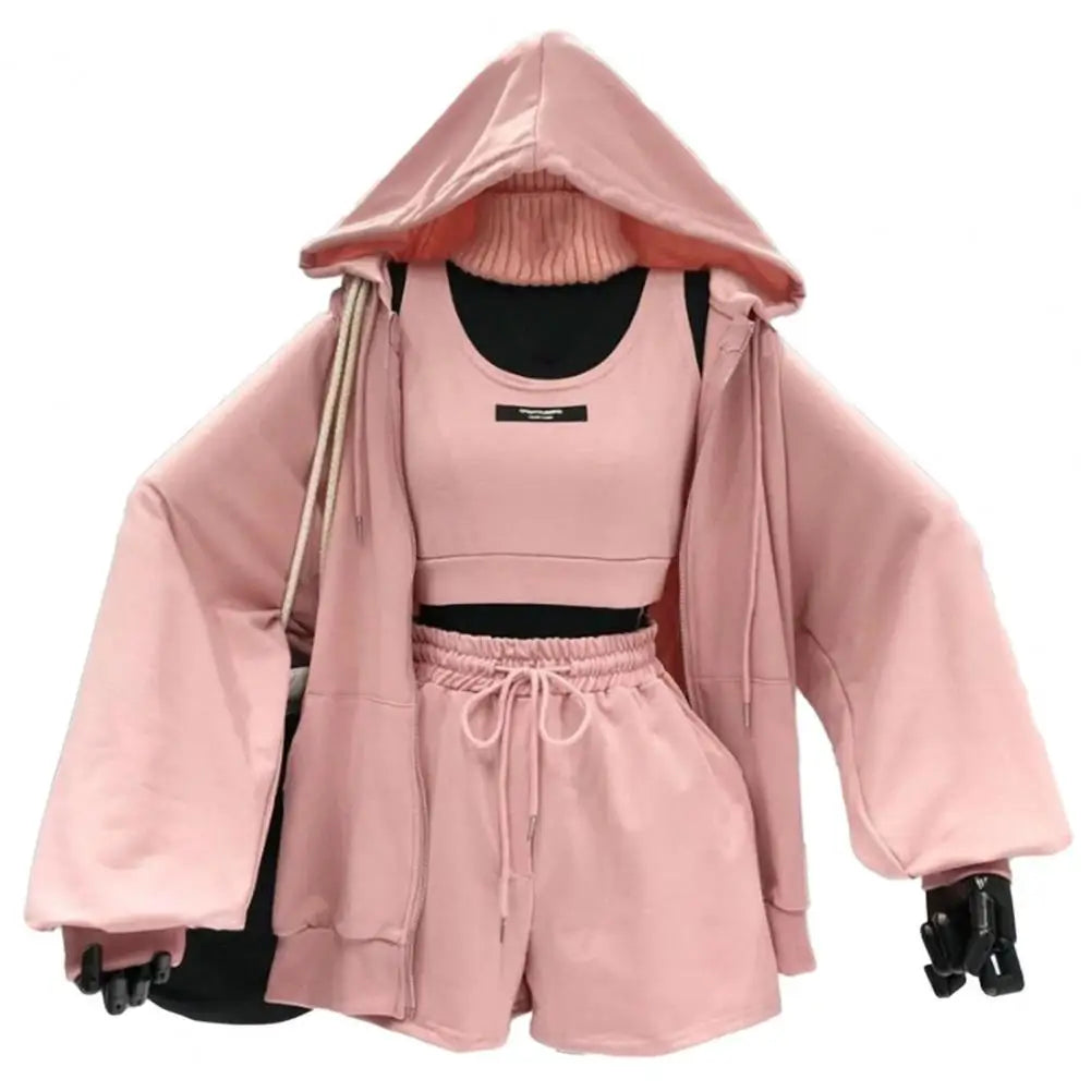 Women’s 3-Piece Casual Activewear Set – Hoodie, Drawstring Shorts & Vest | Sportswear & Lounge Outfit