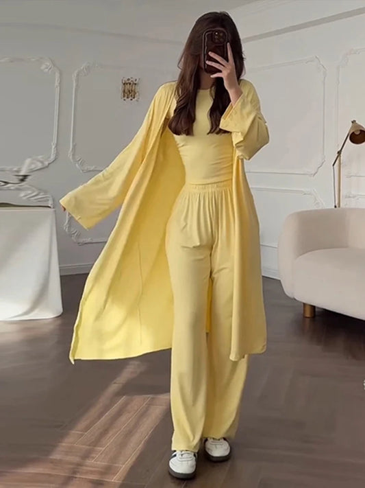 Women’s 3-Piece Casual Suit Set – Long Cardigan + O-Neck Slim Top + Wide Leg Pants | 2025 Summer Autumn Fashion Outfit