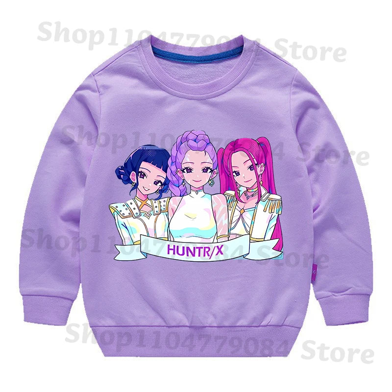 K-pop Demon Hunters Round-Neck Sweatshirt – Cute Anime Cartoon Hoodie for Children, Boys & Girls, Spring & Autumn Sport Fashion