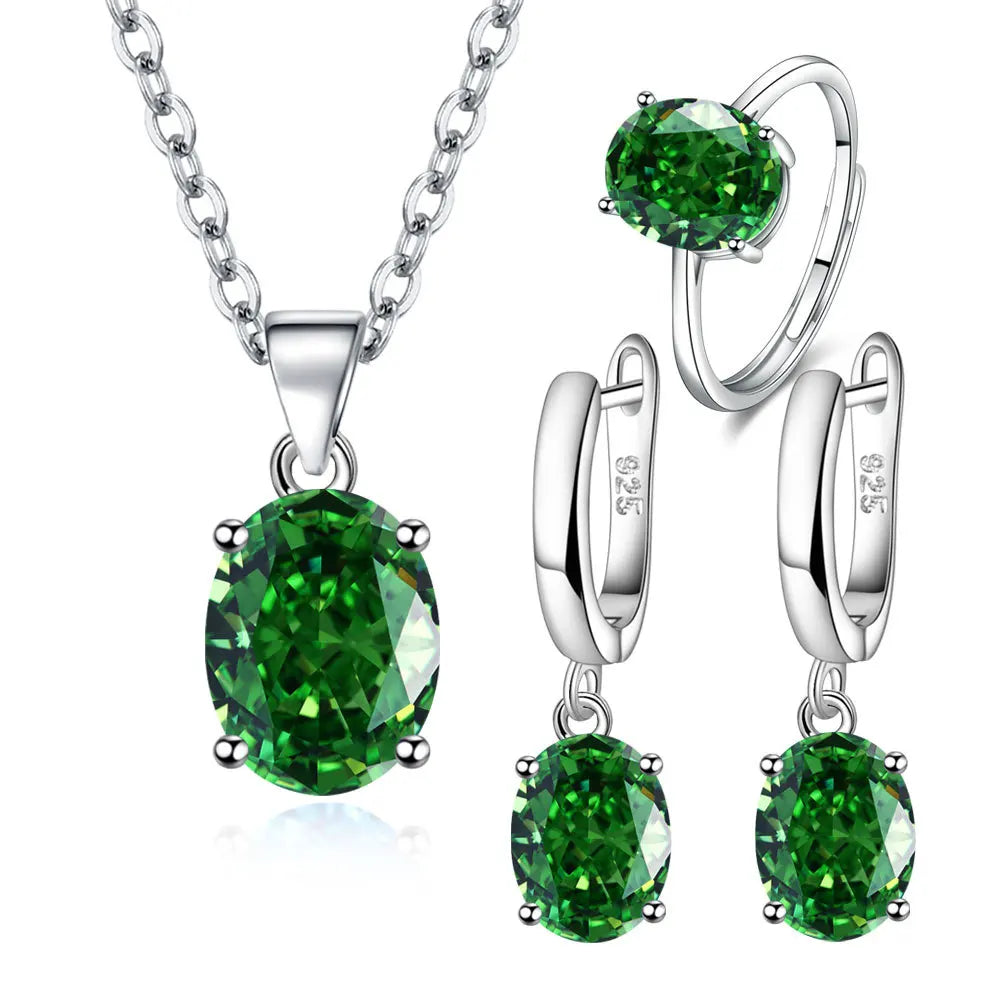 925 Sterling Silver Women’s Jewelry Set – Elegant Ellipse Zircon Ring, Necklace & Earrings