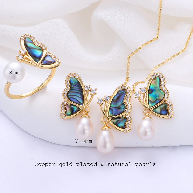 Natural Freshwater Pearl & Abalone Shell Butterfly Jewelry Set – Necklace, Earrings & Ring for Wedding and Fine Fashion