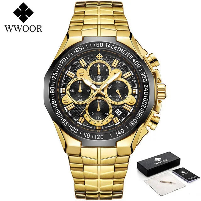 WWOOR Men’s Luxury Gold Chronograph Watch – Big Dial Waterproof Quartz Wristwatch