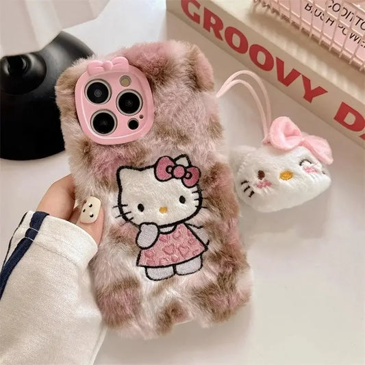 Y2k Hello Kitty Kawaii Plush Leopard Print Phone Case for Iphone 16 15 14 13 12 Pro Max Anime Autumn Winter Warm Soft Cover Gift