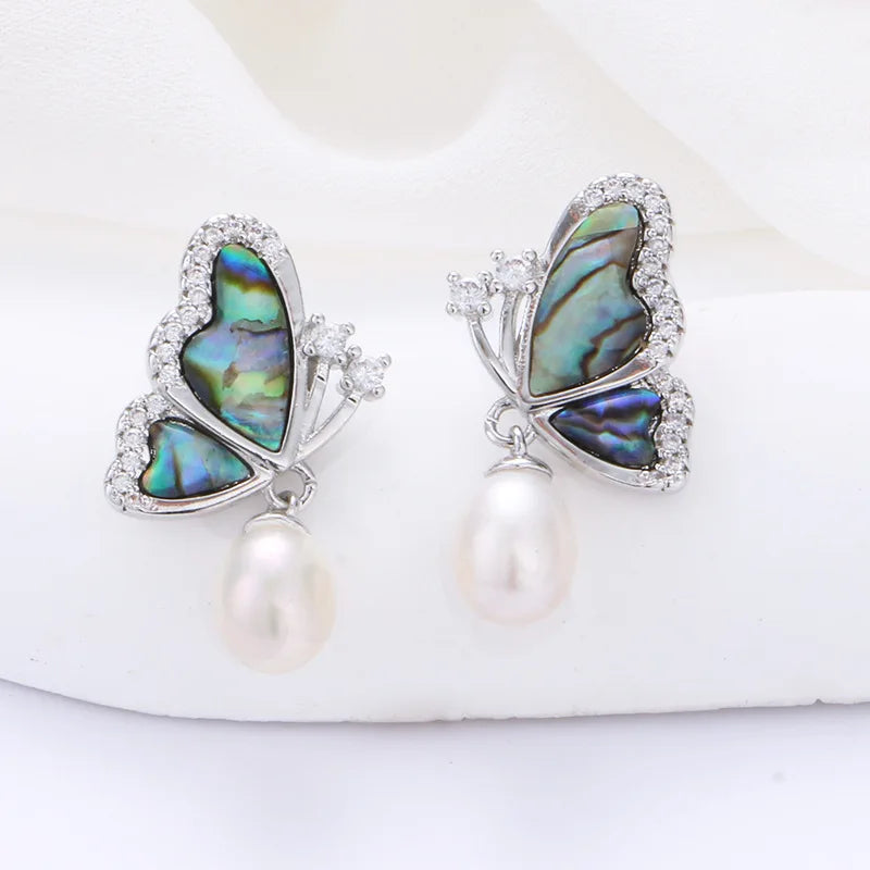 Natural Freshwater Pearl & Abalone Shell Butterfly Jewelry Set – Necklace, Earrings & Ring for Wedding and Fine Fashion