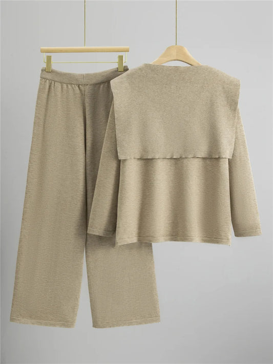 Women’s Casual Knitted 2-Piece Set – Korean Knitwear Sweater + Shawl + High Waist Pants | 2025 Fashion Outfit