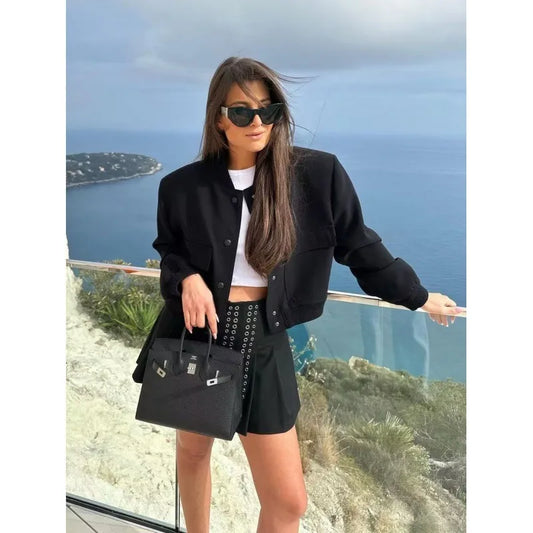 Women’s Cropped Bomber Jacket – MUJER 2025 White Button Long-Sleeve Autumn/Winter Coat