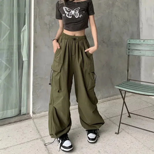 Women’s Y2K Streetwear Joggers – Low Waist Drawstring Tech Pants, Oversized Wide-Leg Baggy Sweatpants