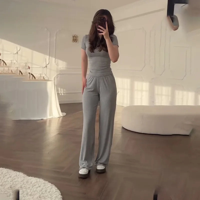Women’s Casual Two-Piece Pants Set – Short Sleeve O-Neck T-Shirt & Elastic Waist Trousers | Spring Summer Solid Lounge Outfit
