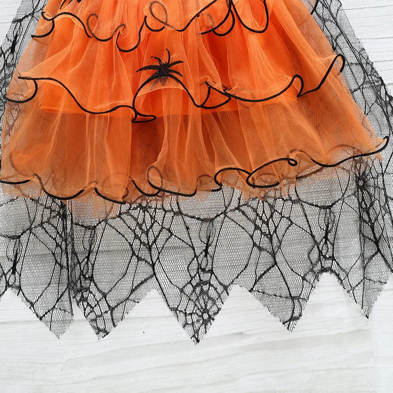 2–7Y Halloween Witch Cosplay Dress – Cute Spider Mesh Cape Outfit for Baby & Kids, Carnival Party Costume