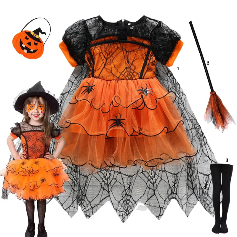 2–7Y Halloween Witch Cosplay Dress – Cute Spider Mesh Cape Outfit for Baby & Kids, Carnival Party Costume