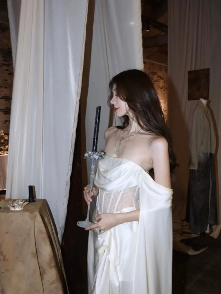 2025 Adult Ceremony Dress – Light Luxury White Satin Tube Top Gown for Toast & Special Occasions