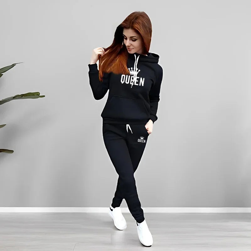 Women’s 2-Piece Queen Printed Hoodie & Pants Set – Casual Sporty Lounge Tracksuit | Autumn Winter 2025 New Arrival
