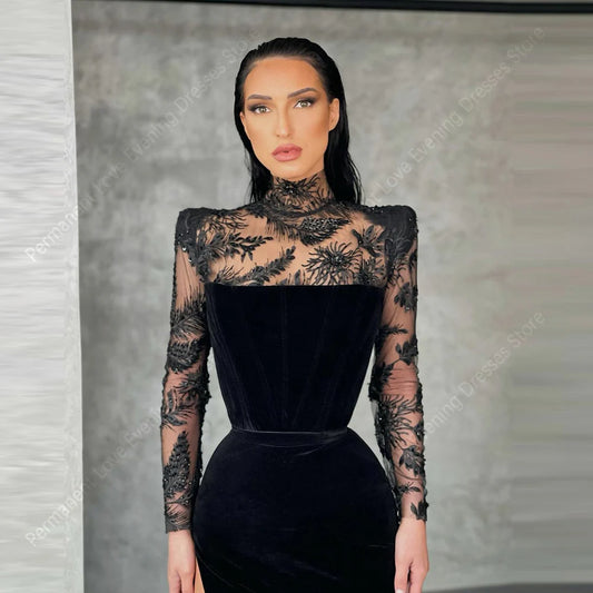 Elegant Black Evening Dress – High Collar Lace Long Sleeve Formal Gown for Women