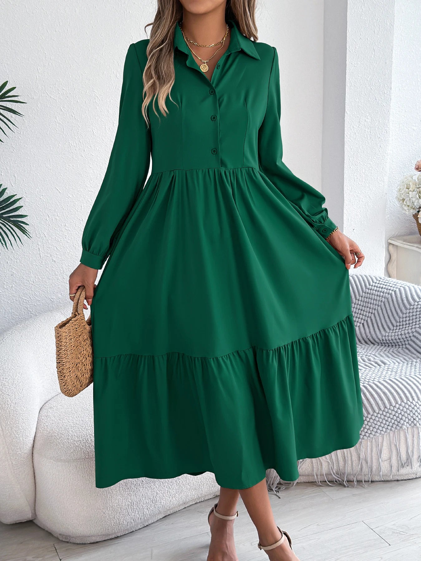 Women’s Casual Vacation Shirt Dress – Long Sleeve Turn-Down Collar Single-Breasted Spring & Autumn Dress