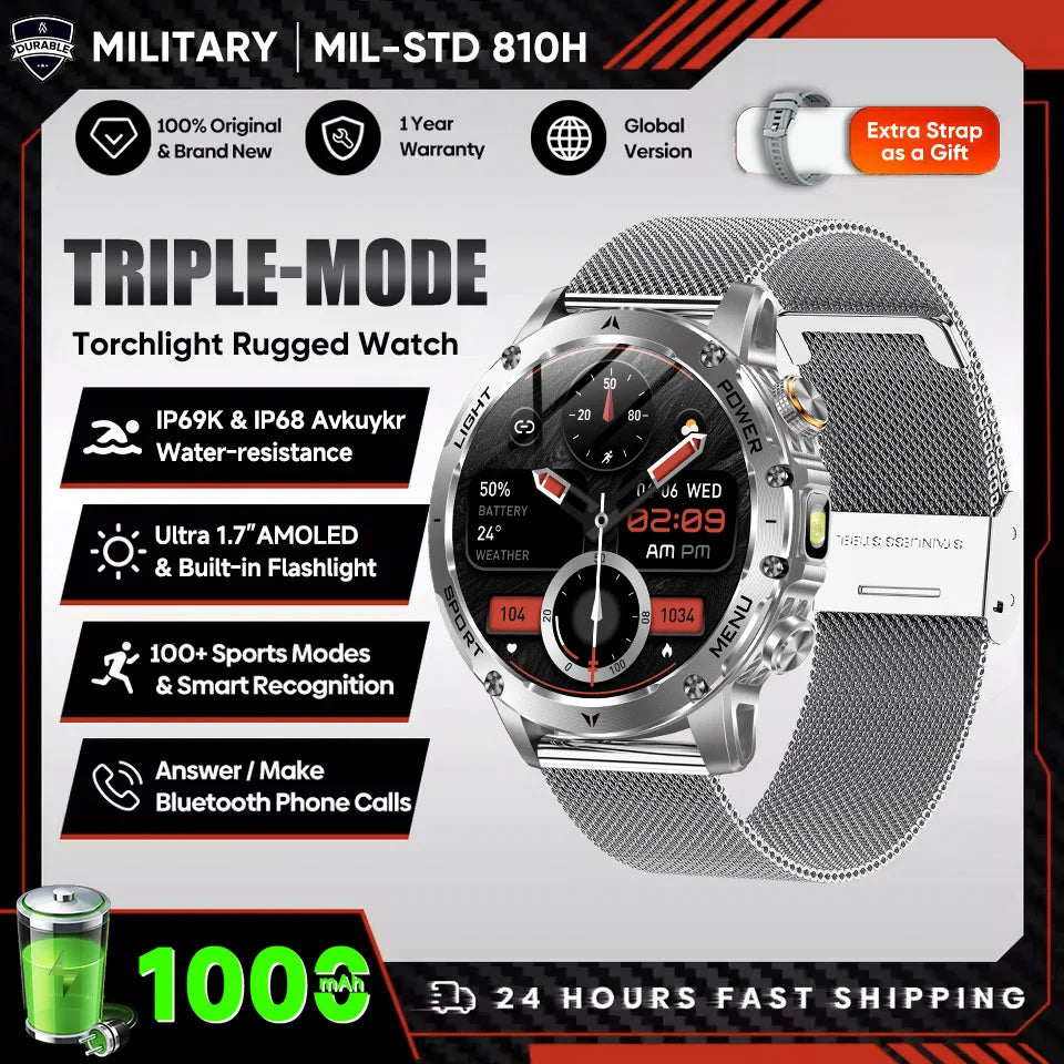 2025 T-Rex 3 Smart Watch – 1.75” HD Large Screen Military Sport Smartwatch with Dual-Band GNSS, Compass & IP68 Waterproof Rating