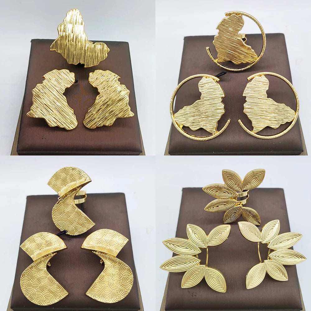Dubai 18K Gold Plated Jewelry Set – Elegant Earrings & Ring for Women, Arabic Nigerian Bridal Wedding Accessories