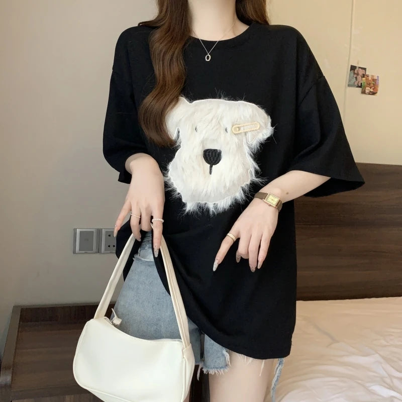 Cute 3D Plush Puppy Women’s T-Shirt – Summer Loose Cotton Half-Sleeve Top, Lazy Style Casual Tee