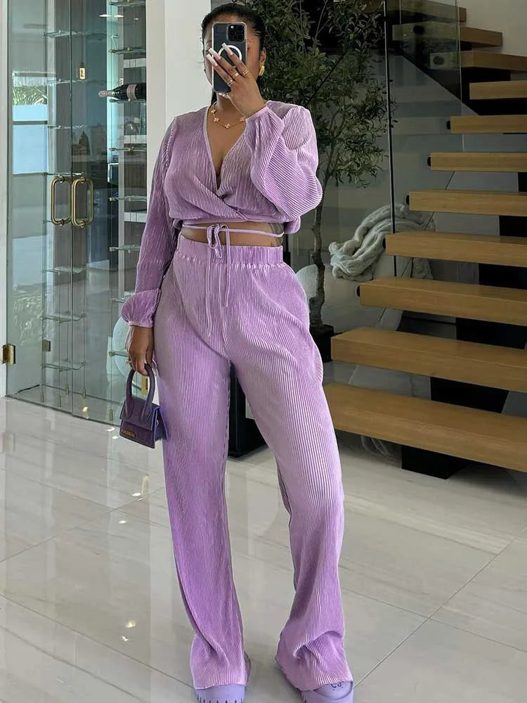 Women’s Casual 2-Piece Lounge Set – Draped Top & Elastic Wrap Pants | Fall Outfits Wholesale Dropshipping