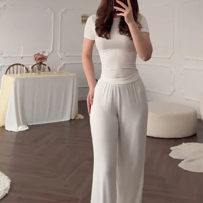 Women’s Casual Two-Piece Pants Set – Short Sleeve O-Neck T-Shirt & Elastic Waist Trousers | Spring Summer Solid Lounge Outfit