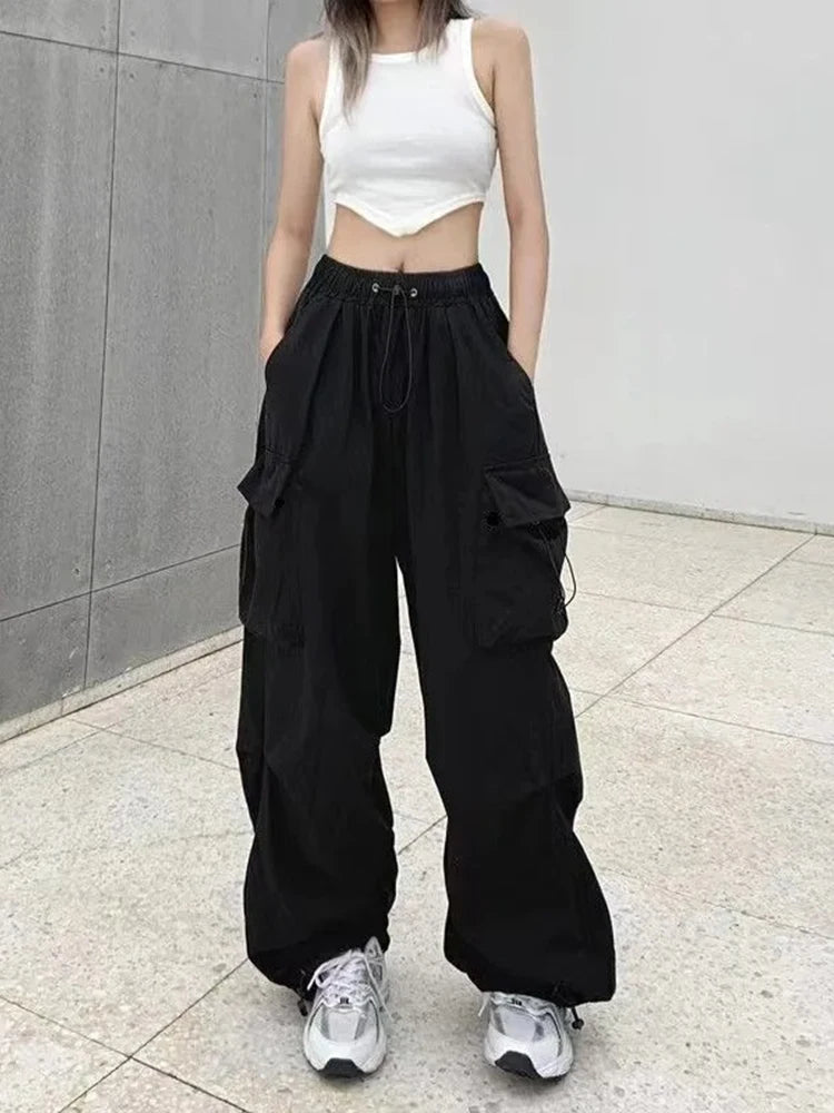 Women’s Y2K Streetwear Joggers – Low Waist Drawstring Tech Pants, Oversized Wide-Leg Baggy Sweatpants