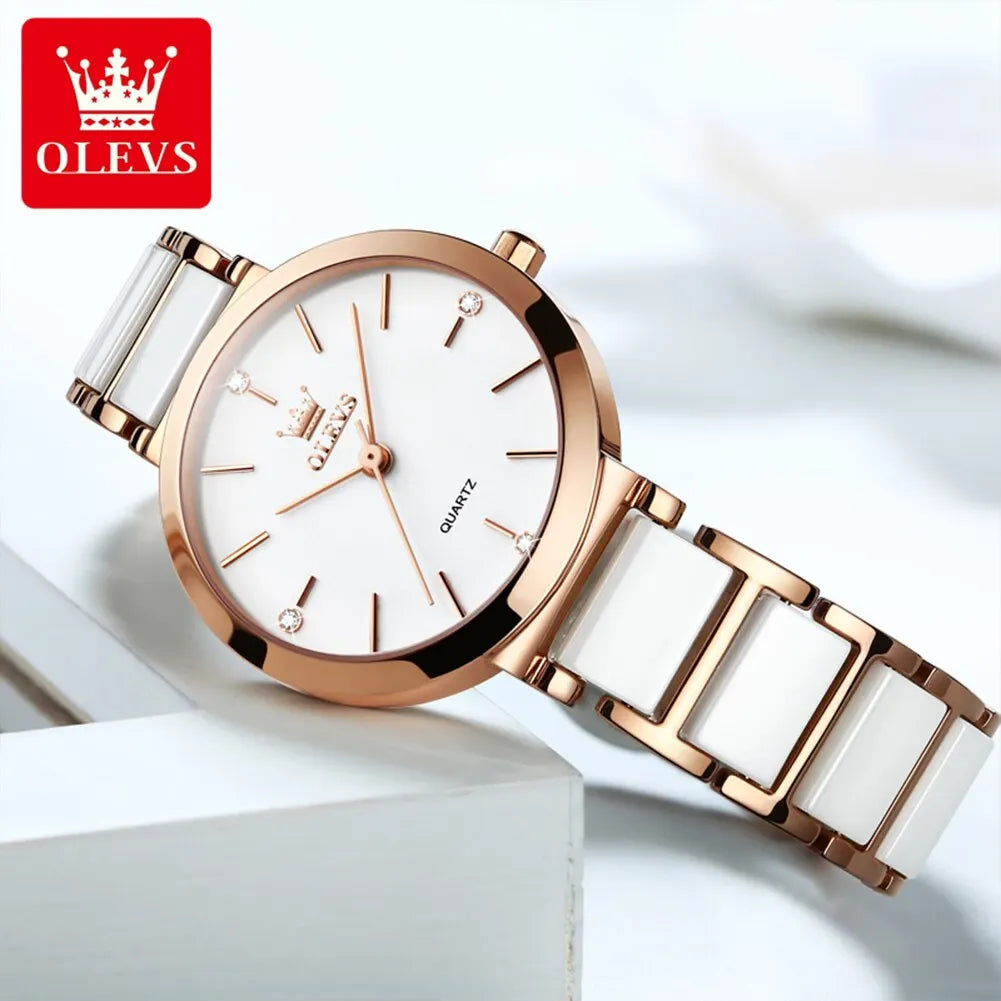 OLEVS Luxury Women’s Rose Gold Quartz Watch – Fashion Ceramic Strap Elegant Wristwatch