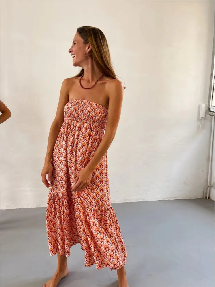 Women’s Boho Maxi Skirt – Vintage Floral Print Elastic Waist Beach Skirt for Spring & Summer
