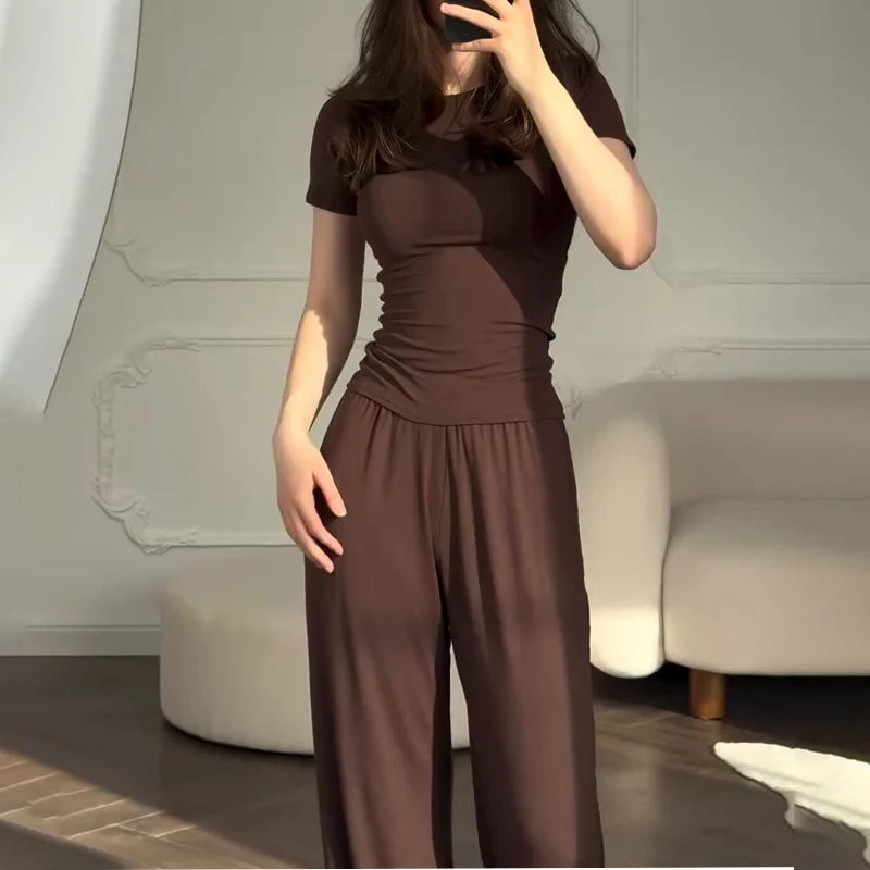 Women’s Casual Two-Piece Pants Set – Short Sleeve O-Neck T-Shirt & Elastic Waist Trousers | Spring Summer Solid Lounge Outfit