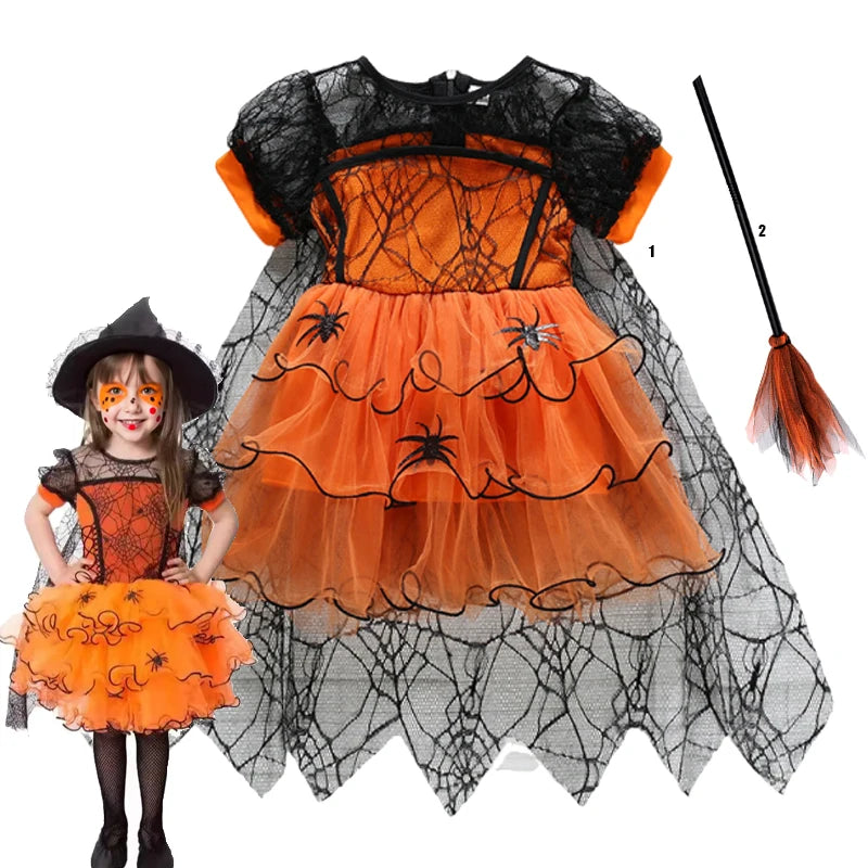 2–7Y Halloween Witch Cosplay Dress – Cute Spider Mesh Cape Outfit for Baby & Kids, Carnival Party Costume