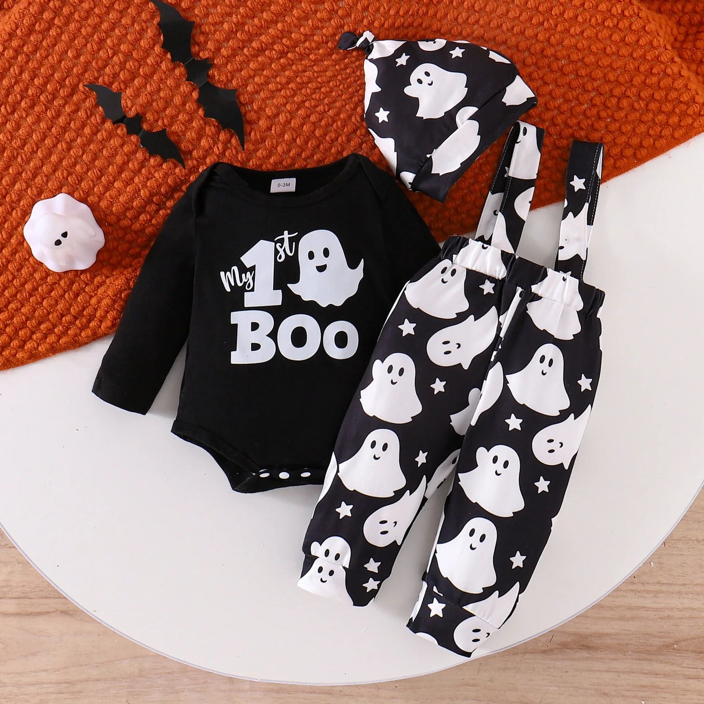 Ceeniu My First Halloween Baby Outfit – Boys Long Sleeve Letter Romper with Suspender Pants & Hat, Newborn Costume