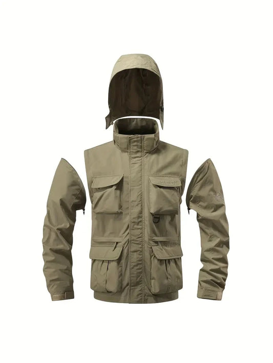 Men’s Detachable Hooded Windproof Jacket – Waterproof Multi-Pocket Outdoor Vest Coat