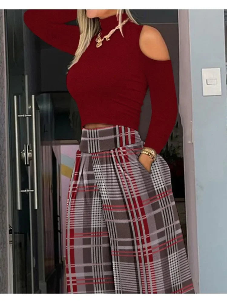 Casual Holiday Outfit for Women – Cold Shoulder Top & Plaid Wide Leg Pants Set | 2025 High Waist Two-Piece Suit
