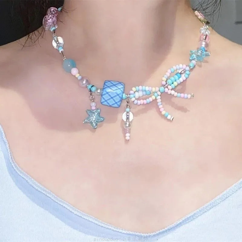 Harajuku Y2K Colorful Beaded Bow Pendant Necklace – Aesthetic Acrylic Jewelry for Women & Party Wear