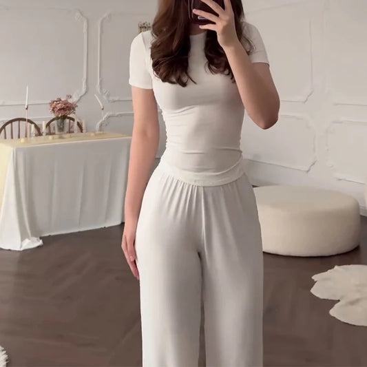Women’s Casual Two-Piece Pants Set – Short Sleeve O-Neck T-Shirt & Elastic Waist Trousers | Spring Summer Solid Lounge Outfit