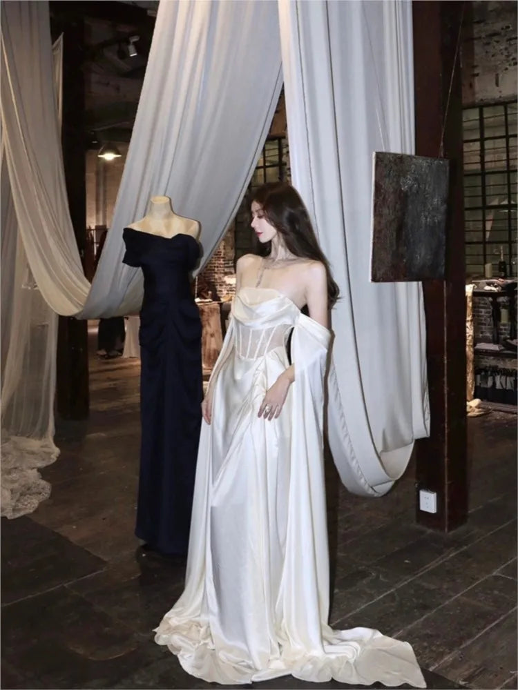 2025 Adult Ceremony Dress – Light Luxury White Satin Tube Top Gown for Toast & Special Occasions